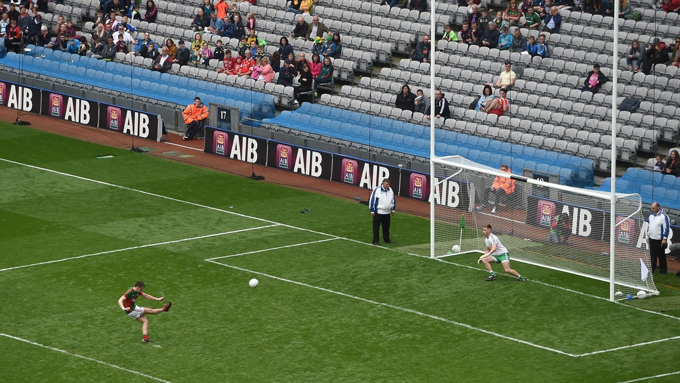 Mayo’s Cillian O’Connor taking a penalty shot. Photo credit: gaa.ie